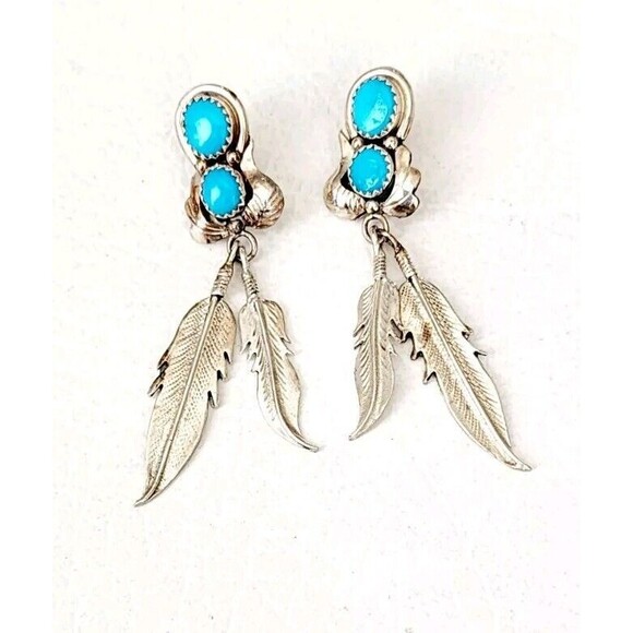Vintage Sterling Silver RB Richard Begay Navajo Turquoise 925 Dangle Earrings - Picture 2 of 7